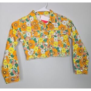 NWT Boboli Girls Crop Denim Jacket 7 122cm Floral Daisy Retro 70s Psychedelic